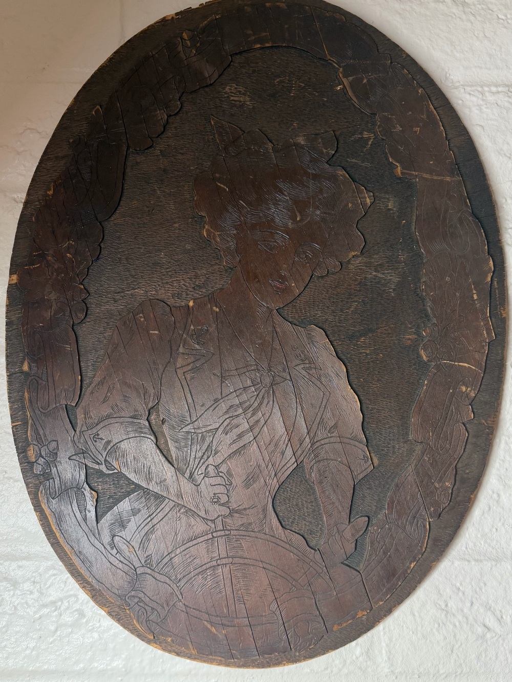 Antique Flemish Art Co. Wood Carved Pyrography Wall Plaque Oval Large Woman